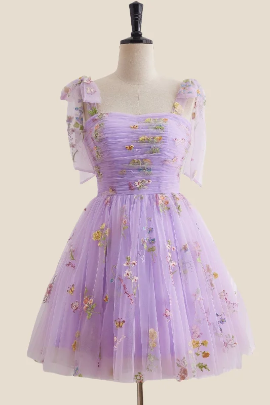 Early Access pleated dressStraps Lavender Floral Ruched Tulle Short Dress