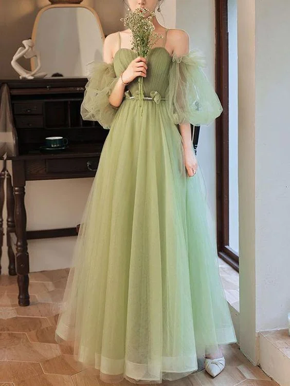 ashionable dressSimple A line Green Long Prom Dress, Green Tulle Bridesmaid Dress Y1857