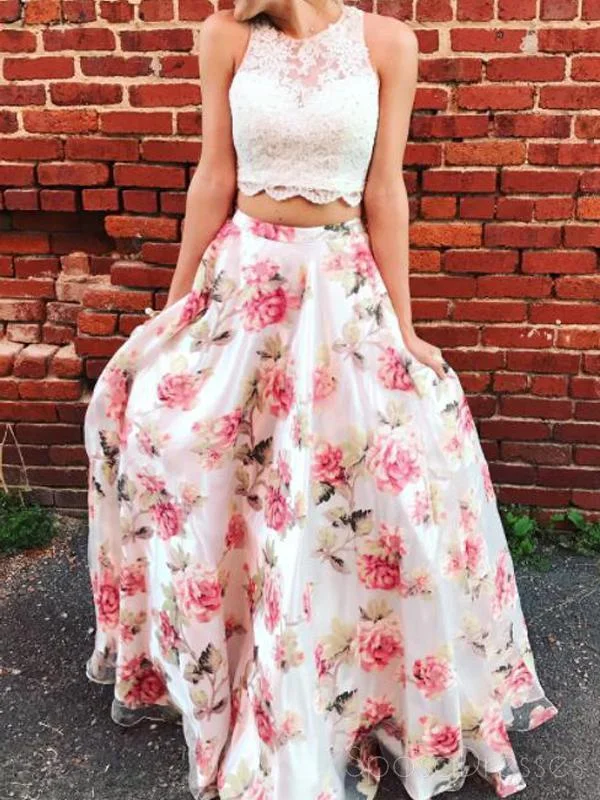 Price Drop Alert Two Pieces Lace Bodice Printed Flower Skirt Long Evening Prom Dresses JKG015