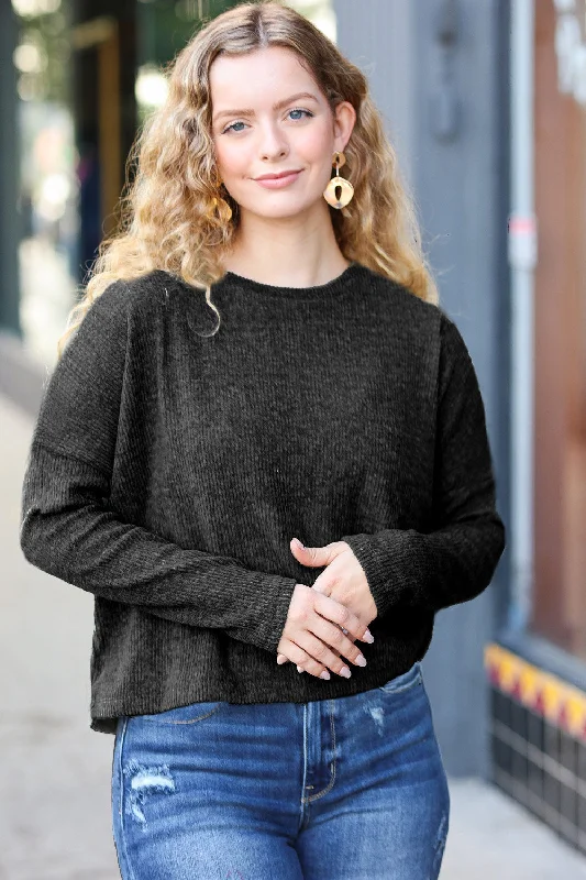 Epic Deals contemporary trench coatStay Awhile Black Ribbed Dolman Cropped Sweater (Open Pack)