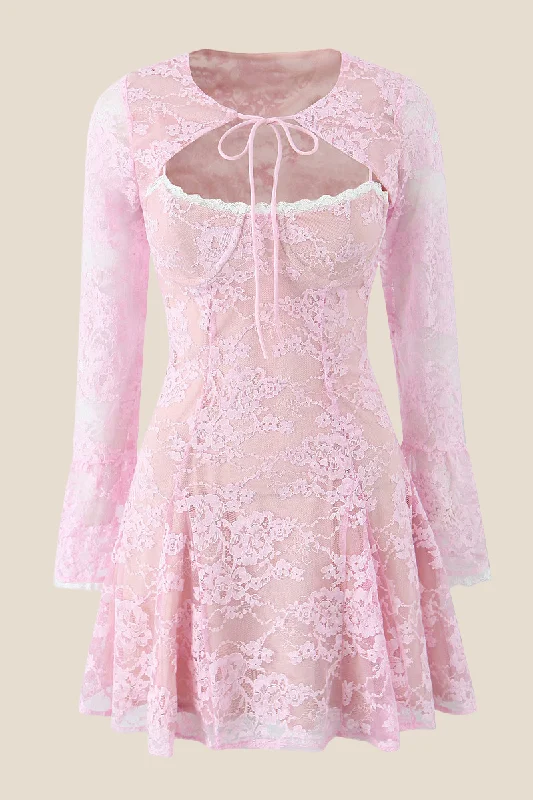 Season Finale Sale summer dressTie Up Long Sleeve Pink Lace Matching Set
