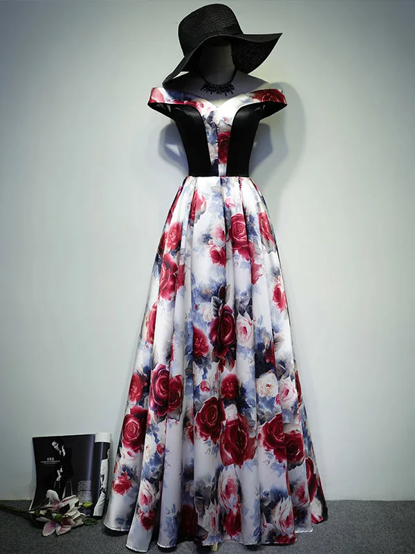 New Deals Floral Print Prom Dresses Off-the-shoulder A-line Floor-length Cheap Sexy Prom Dress JKL664