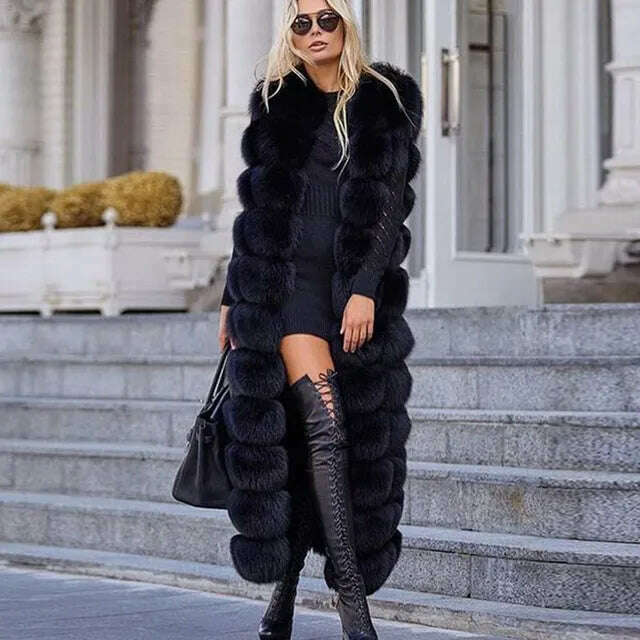 tailored coat10-section Luxury Faux Fox Fur Winter Vest Jacket Sleeveless Thick Warm Horizontal Striped Long Style Fluffy Fake Fur Overcoat