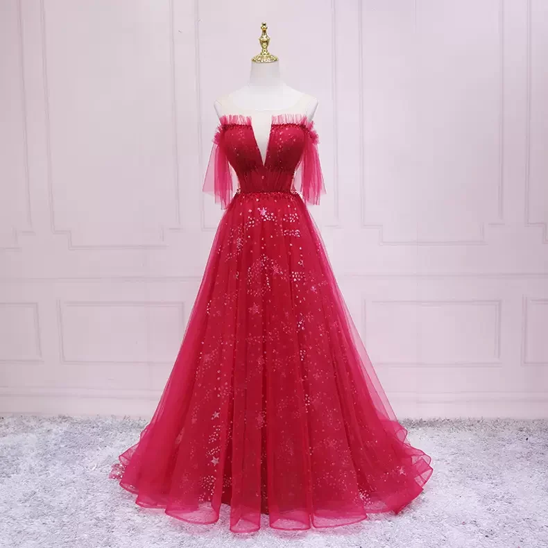 Crazy Savings backless dressNew Arrival Burgundy Tulle Prom Dress Charming Prom Dress s25