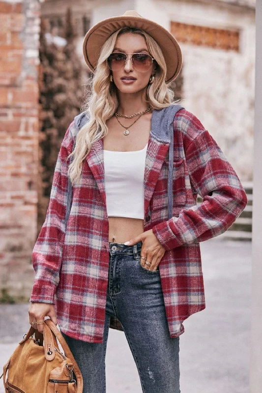 lightweight workout sweatshirtPlaid Dropped Shoulder Hooded Longline Jacket