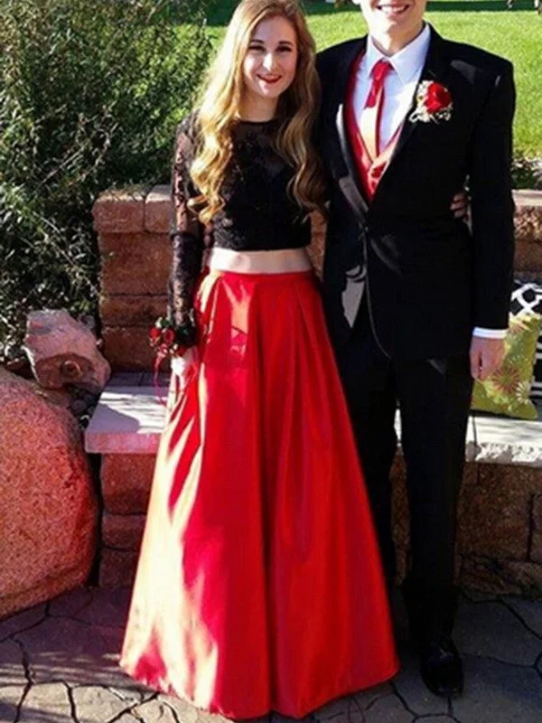 Online Only full sleeve prom dresses A-line Bateau Floor-length Satin Prom Dress Evening Dress MK147