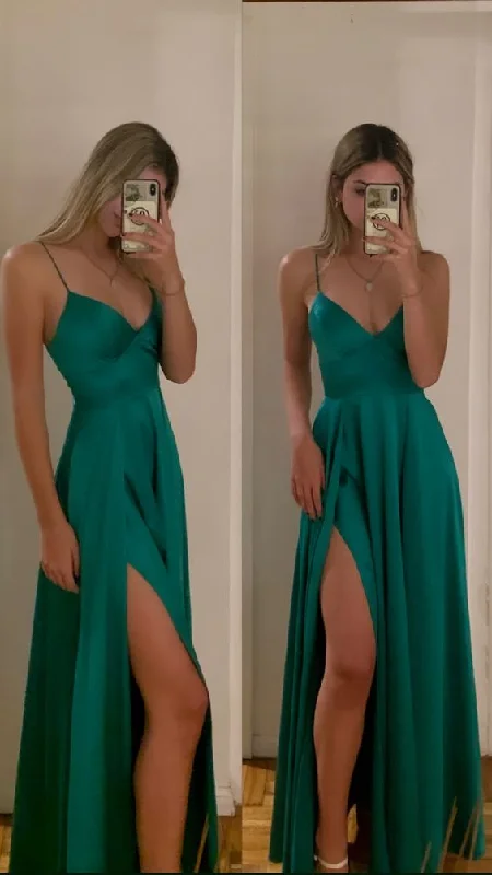 chic dressClassic A-line Spaghetti Straps Green Satin Prom Dress,Graduation Dress Y1701