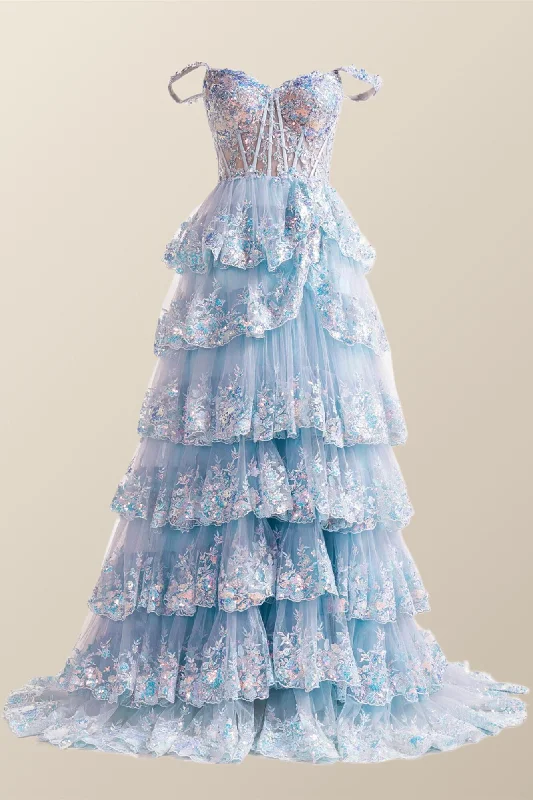 Epic Deals bodycon dressOff the Shoulder Light Blue Sequin Ruffles Long Formal Dress