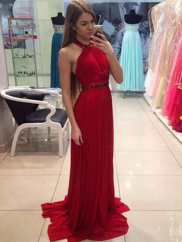 Price Fest Red prom dresses A-line Halter Sweep Brush Train Chiffon Prom Dress Evening Dress MK212