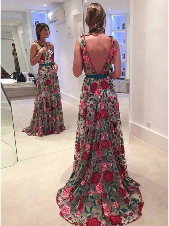 Clearance Sale Beautiful Prom Dresses Scoop Aline Rose Floral Embroidery Lace Prom Dress JKL924