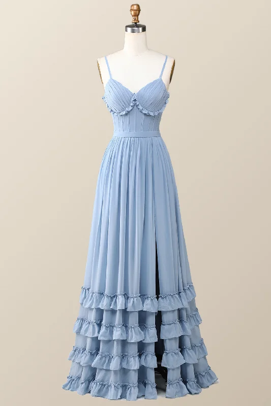 Massive Deals floral dressBoho Style Dusty Blue Ruffles Long Bridesmaid Dress