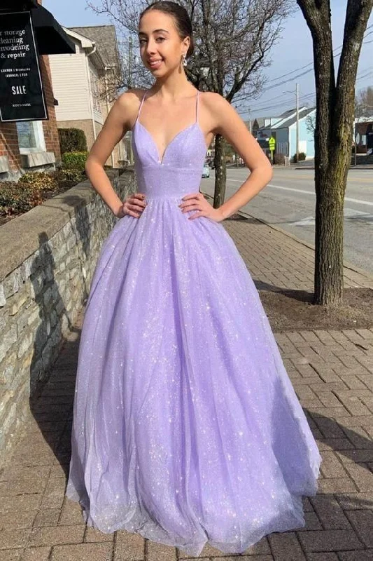 casual summer dressSparkle Lilac Long Prom Dresses A-line V-neck Formal Dress Y1742