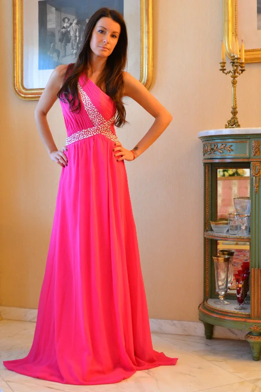 Extra Discounts A-line One-shoulder Floor Length Chiffon Rhinestone Prom Dress