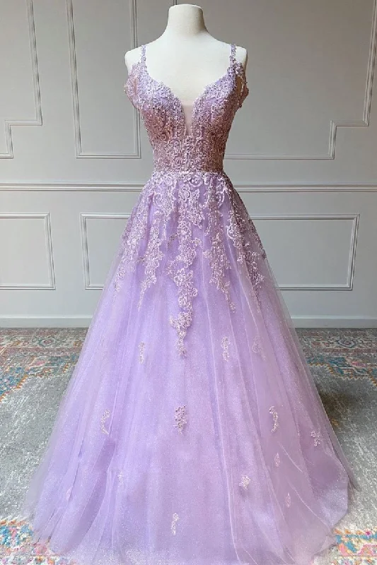 lace dressPurple v neck tulle lace long prom dress purple lace formal dress Y1801