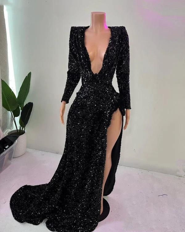 bohemian dressSexy Black Sequin Mermaid Long Prom Dresses African Girl V-neck With Long Sleeves High Slit Party Dress Y1484