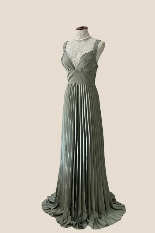 Price Rollback ruched dressV-neck Olive Green Pleated Long Chiffon Dress