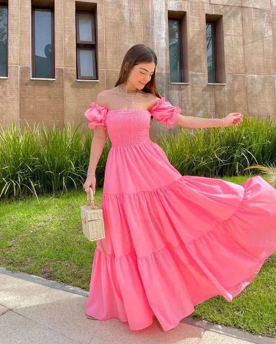 Price Cut spaghetti strap dressFlounce Sleeve Off Shoulder Pink Prom Dress,Graduation Dress,Springtime New Style Y1329