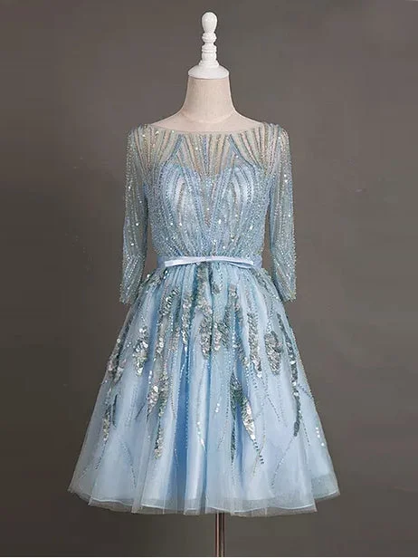 The Best Prices Beautiful Homecoming Dress Bateau A-line Sequins Short Prom Dress Tulle Party Dress JK526