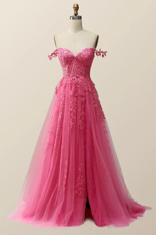 Act Fast formal dressHot Pink Lace Appliques A-line Long Formal Gown