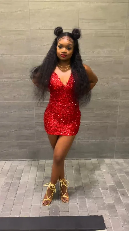Price Break chic slip dress18th Birthday Outfit Red Sequins V Neck Homecoming Dress For Black Girls Y324 Price Break chic slip dress18th Birthday Outfit Red Sequins V Neck Homecoming Dress For Black Girls Y324