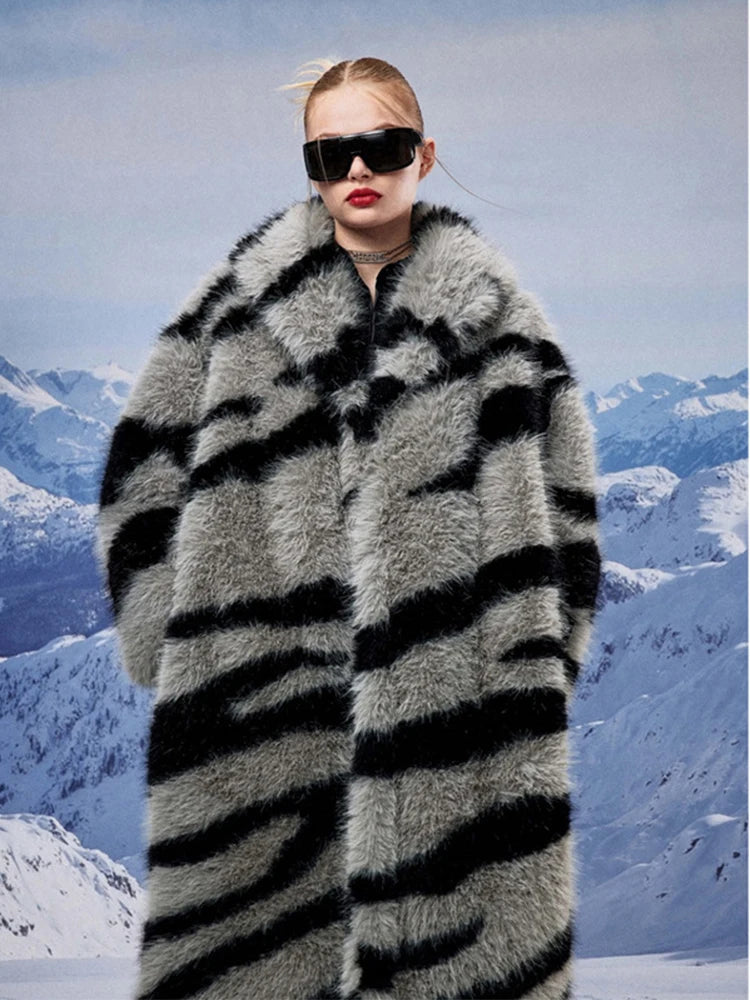 faux fur coat2024 Winter Vintage Thick Warm Long Faux Fur Coat Women Zebra-stripe Printed Fluffy Jacket Fur Coat Large Size Luxury Overcoat