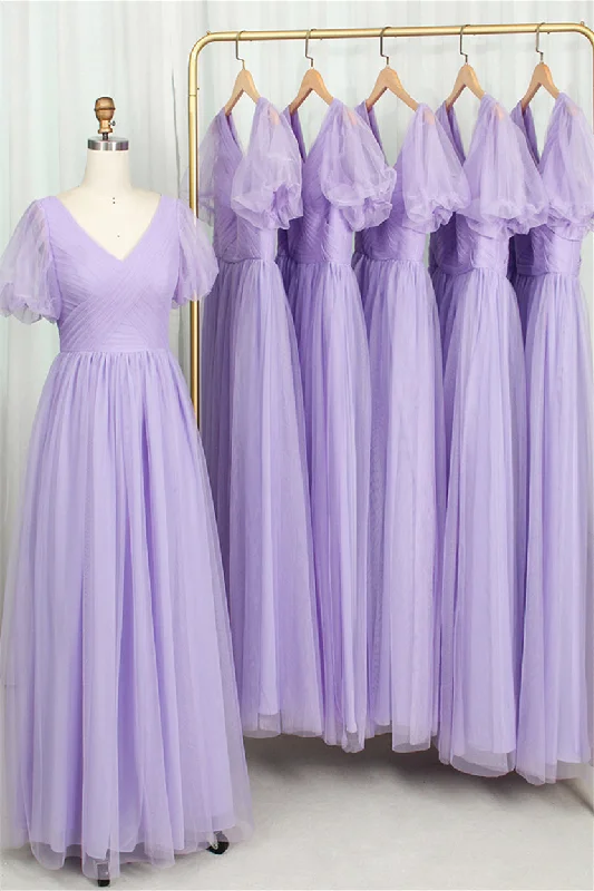 New Markdowns romantic dressShort Puffy Sleeves Lavender Tulle Long Formal Dress