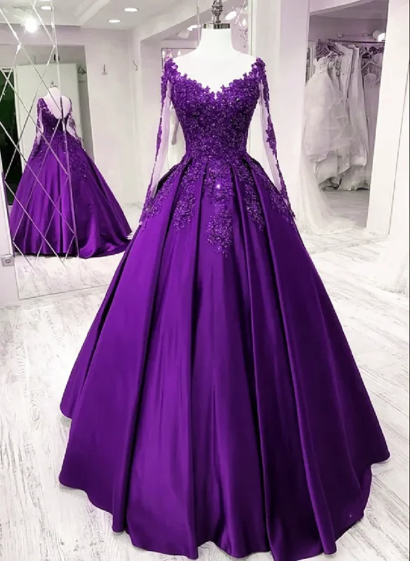 long sleeve dressPurple Satin Long Sleeves Prom Dress Formal Dress, Lace Applique Sweet 16 Dress Y1843