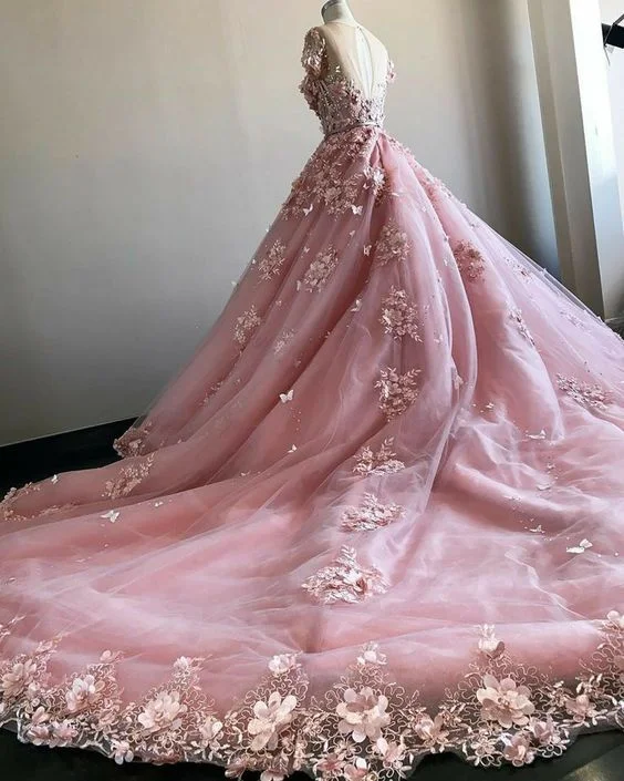 Holiday Sale structured dressPink 3D Flowers With Court Train,Pink Ball Gown  Wedding Dress Bridal Gown Y1406