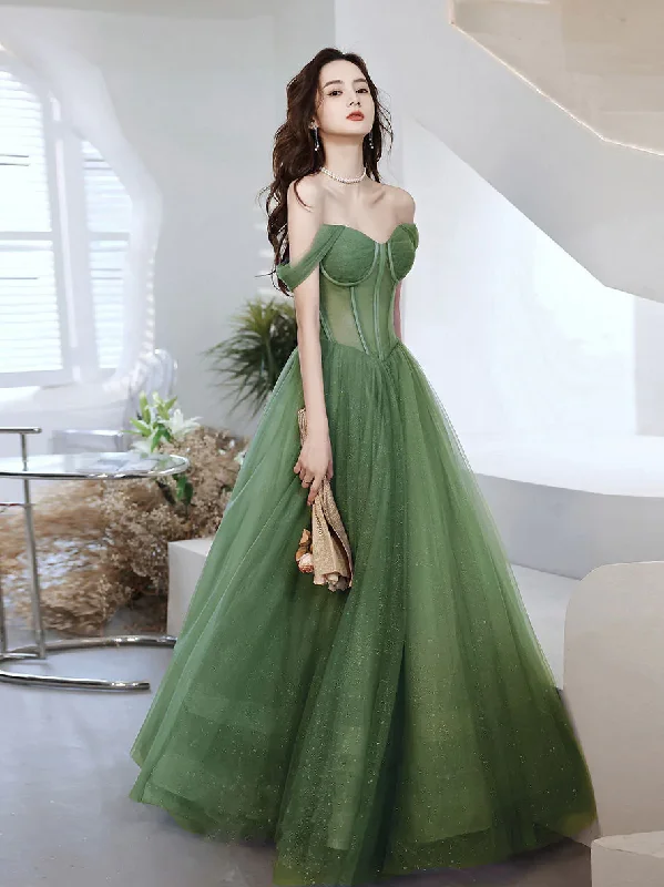 ruched dressGreen Sweetheart Neck Tulle Long Prom Dress, Green A line Formal Dresses Y1841