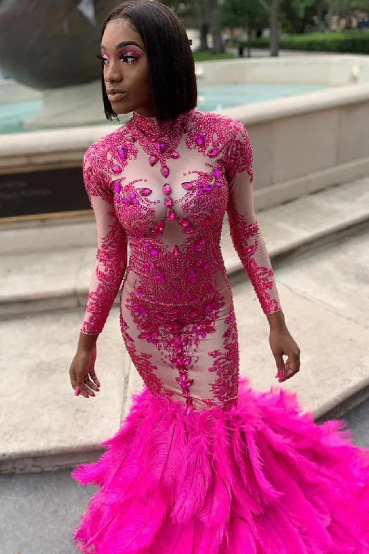 New Markdowns Sexy Long Sleeves Mermaid Prom Dress Beaded Purple Long Small Round Collar
