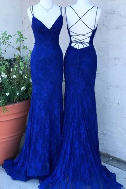 Special Price modern dressSpaghetti Crossed Straps Royal Blue Mermaid Prom Dresses V Neck Lace Formal Dresses Y1192