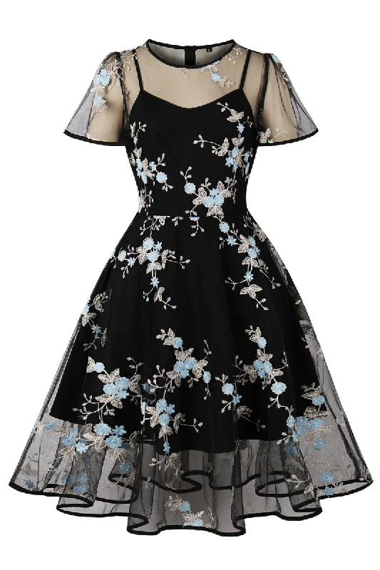 Midnight Madness bodycon dressMesh Black and Blue Floral Embroidery Dress