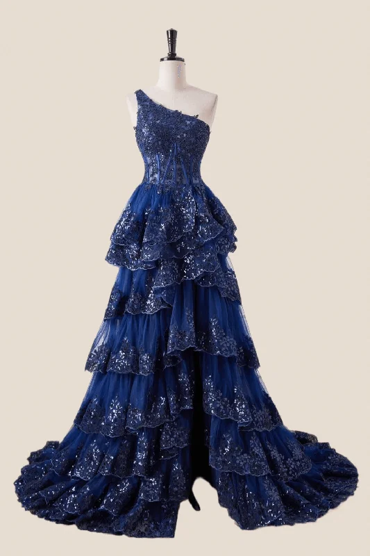 Epic Deals statement dressOne Shoulder Navy Blue Appliques Ruffles Long Formal Dress Epic Deals statement dressOne Shoulder Navy Blue Appliques Ruffles Long Formal Dress