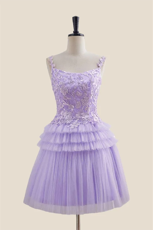 Don’t Miss Out chic dressStraps Lavender Appliques Tiered Short Dress