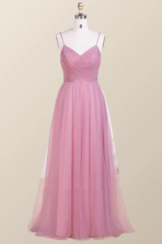 Daily Deals casual dressStraps Blush Pink Pleated Tulle Long Bridesmaid Dress