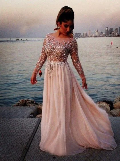 Weekend Flash Sale Long Sleeve Prom Dresses Bateau A-line Beading Long Sexy Prom Dress JKL990