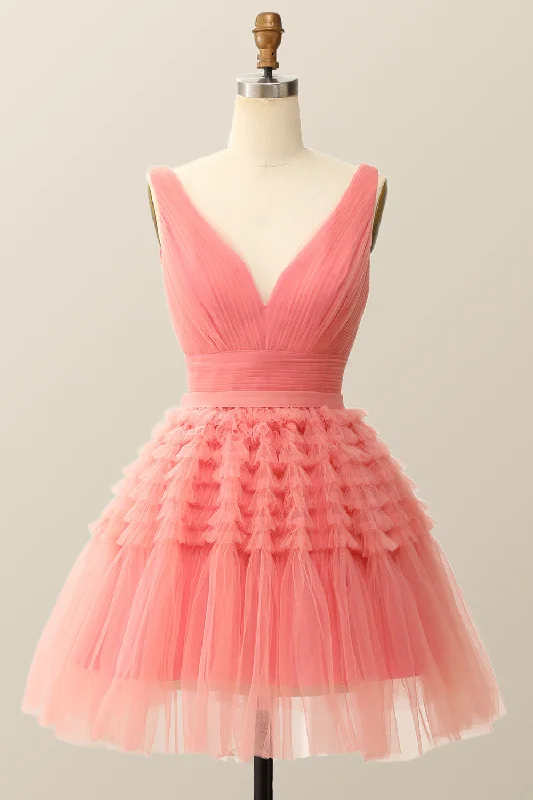 Hot Deal cocktail dressV Neck Coral Ruffle A-line Short Homecoming Dress