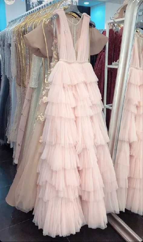 Extra Savings floral wrap dressA-line Pink Tulle Tiered Long Prom Dress For Teens Y1253