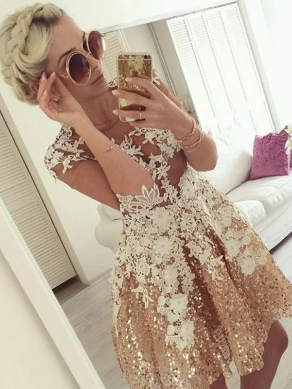 Huge Discounts Gold Sequins Long Sleeve Homecoming Dresses Lace Short Prom Dress Party Dress JK632