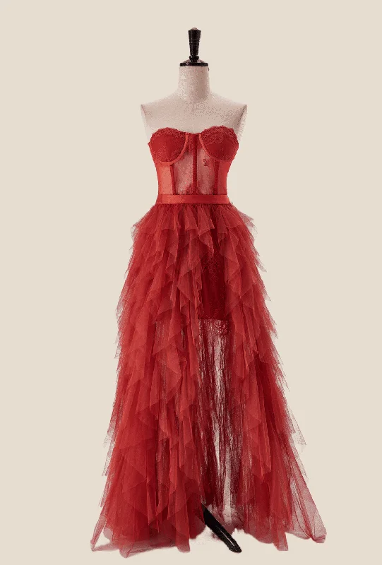Reduced Prices backless dressRust Bustier Tiered Ruffle Long Dress
