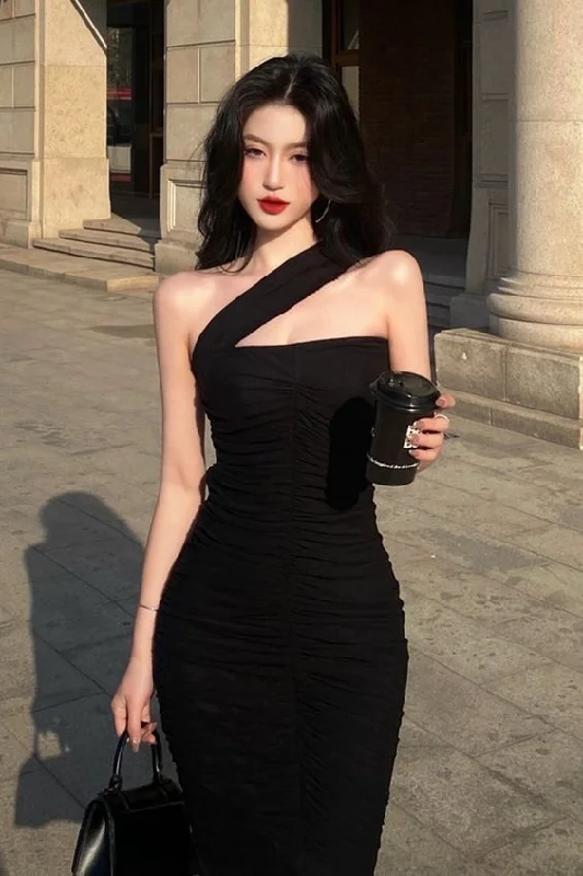 Value Deals lace dressAsymmetric Shoulder Straps Black Bodycon Dress,Sexy Black Prom Dress,Black Party Dress  Y1189