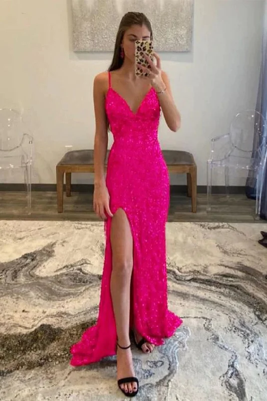 velvet dressHot Pink Sequins Glitter Prom Dress with Slit Y1861