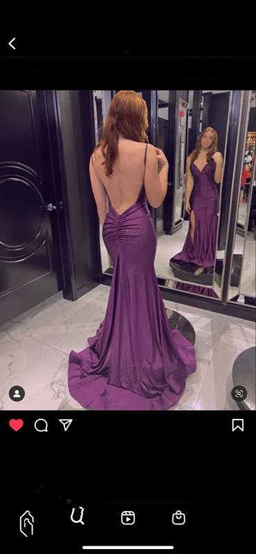 casual day dressElegant Mermaid V Neck Prom Dress with Split,Backless Formal Gown Y1498