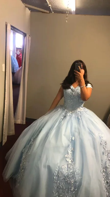 form-fitting dressOff The Shoulder Blue Tulle Lace Quince Dress,Puffy Blue Ball Gown Sweet 16 Dress Y1499