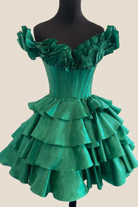 Bonus Savings A-line dressOff the Shoulder Green Ruffles A-line Short Dress