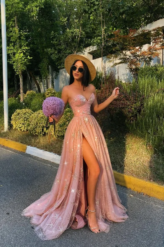 Mega Sale Sexy Sweetheart Pink Tulle Prom Dress Sequins Long
