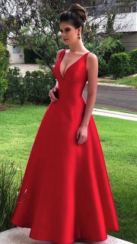 Big Discounts stylish dressElegant A-line V-neck Red Satin Prom Dresses, Formal Gown Y1087