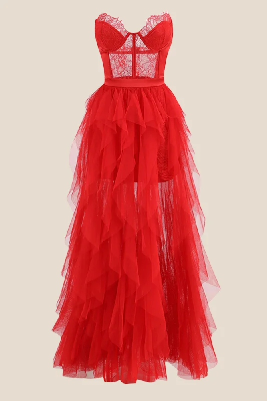 Hurry In comfy dressSweetheart Red Irregular Sheer Long Dress with Slit