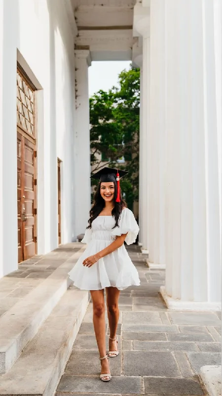 Can't Miss cocktail party dressWhite Puffy Sleeves Short Homecoming Dress,Graduation Dress Y1340