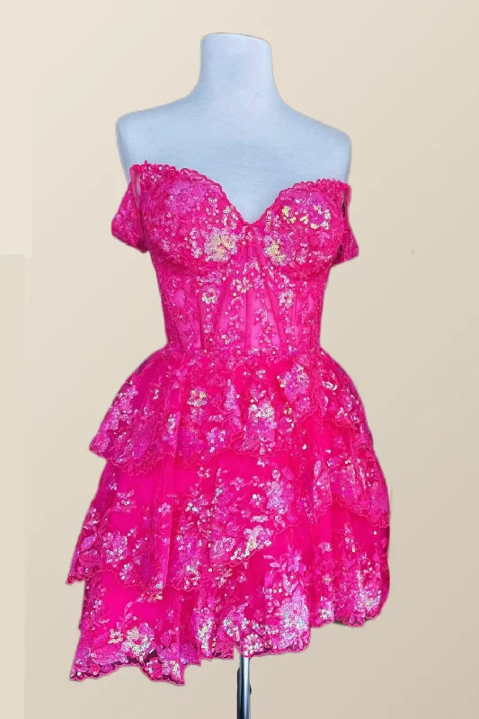 Midnight Sale tiered dressOff the Shoulder Hot Pink Sequin Tulle Short Dress
